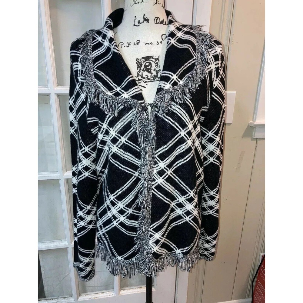 Chico's Coatigan Geometric Black White Fringed Wide Spread Collar Sweater Sz￼ 2